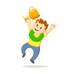 Happy boy jumping with a golden trophy in his hand. Boy holding trophy jumping for joy. Colorful flat vector illustration, isolated on white background.
