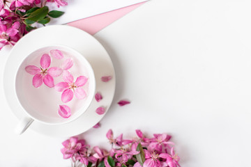 Spring background for the inscription, pink flowers, sakura cherry blossoms, letters, a cup with water and flower petals, top view, circle frame, copy space, flat lay 