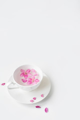 Spring background for the inscription, pink flowers, sakura cherry blossoms, cup with water and flower petals, fashion trend of the year, top view, creative banner, copy space flat lay