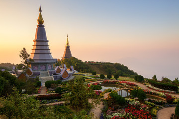 Naklejka premium Landscape of two pagodas Noppamethanedol & Noppapol Phumsiri in an Inthanon mountain, Thailand.