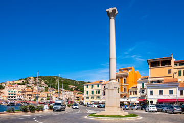 Fototapeta na wymiar La Maddalena, Sardinia, Italy - Monument of Giuseppe Garibaldi at Colonna Garibaldi square in old town quarter of La Maddalena town