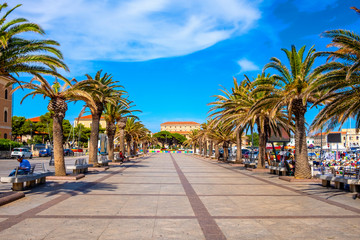 La Maddalena, Sardinia, Italy - Panoramic view of La Maddalena old town quarter with Piazza Umberto...