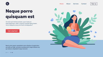 New mother feeding baby with breast. Young woman holding little child in arms. Vector illustration for breastfeeding, health, baby food, motherhood, care concept