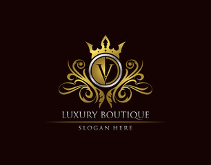 Luxury Boutique V Letter Logo, Circle Gold Crown V Classic Badge Design