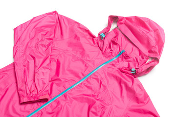 Pink and blue zipper windbreaker hiking jacket, rain proof jacket coat hoodie, track jacket sport nylon gore-tex full zip isolated on white.