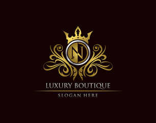 Luxury Boutique N Letter Logo, Circle Gold Crown N Classic Badge Design