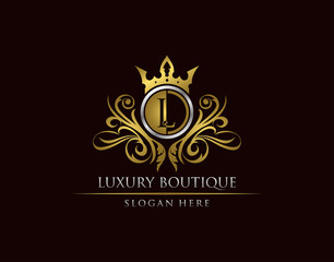 Luxury Boutique L Letter Logo, Circle Gold Crown L Classic Badge Design