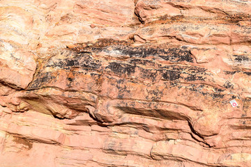 Detail of the sandstone and limestone rock face compressed by centuries, Dinosaur Ridge, Colorado, USA