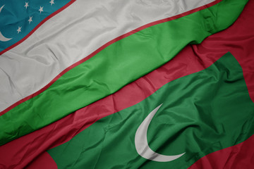 waving colorful flag of maldives and national flag of uzbekistan.