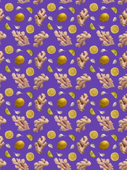 Seamless pattern with ginger, garlic and lemon on a purple background. These products enhance the immune system for colds, coronavirus( Covid-19)