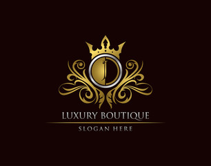 Luxury Boutique J Letter Logo, Circle Gold Crown J Classic Badge Design