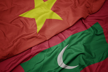 waving colorful flag of maldives and national flag of vietnam.