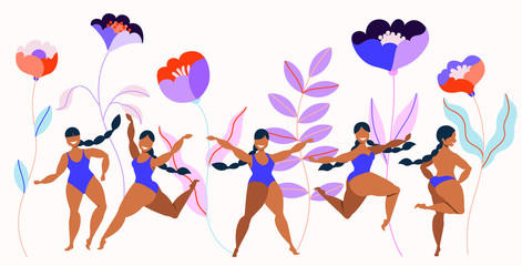 Girls in swimsuits and giant flowers. Spring, summer garden flowers, and women characters.Modern hand-drawn vector illustrated banner design. Isolated object group. Female beauty and ECO life concept.