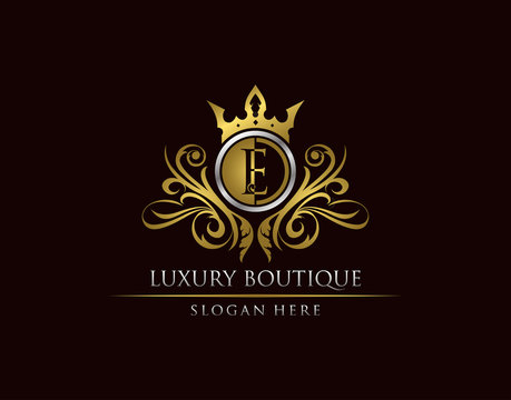 Luxury Boutique E Letter Logo, Circle Gold Crown E Classic Badge Design