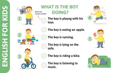 English for kids playcard. Present Continuous. Verbs and numbers game-card with text and cartoon character. Word card for english language learning. Colorful flat vector illustration.