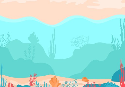 Beautiful underwater scene deep seascape with reef and coral, cartoon style vector, illustration. Ocean sea bottom silhouette with seaweed, algae and coral. Background of seaweed on the ocean floor