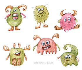 Obraz premium Watercolor hand painted set of cute funny monsters. Children's illustration isolated on white background. Cute bacteria clipart for pattern, print, poster, baby shower