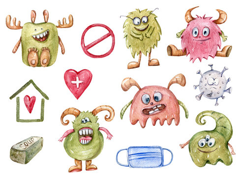 Watercolor hand painted set of cute funny monsters, fase medical mask, heart. Children's  illustration isolated on white background. Cute bacteria clipart for pattern, print, poster, baby shower