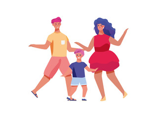 Fototapeta na wymiar Kid with parents dancing mexican style concept and vector illustration on white background. Activities family character couple with kid dancing. Fun family mexican dance on party. Simple flat style.