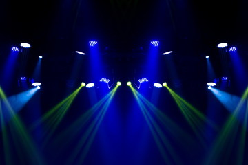 scene, stage light with colored spotlights and smoke