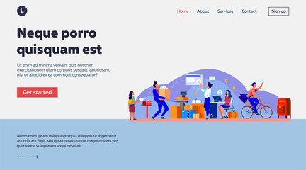 People working at post office flat vector illustration. Shipping and delivery service concept. Mail and parcels delivery cycle. Work process inside view.