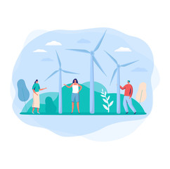 People characters with big wind turbine in city park concept and vector illustration on white background. Eco clean modern electric power. Technological wind electricity. Simple flat style.
