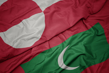 waving colorful flag of maldives and national flag of greenland.