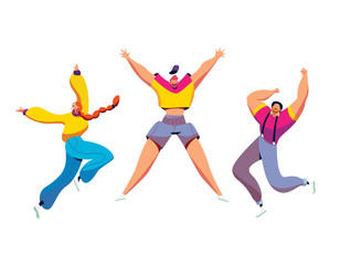 Fototapeta na wymiar Happy people jump, fun and celebration group of people concept and vector illustration on white background. Female and male characters jump, company of people rejoices victory. Cartoon style.
