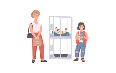 Fototapeta na wymiar Woman give to child and mother a cat concept and vector illustration on white background. Male and female characters. Animal nursery, help for abandoned pets, cages with cats. Flat style.