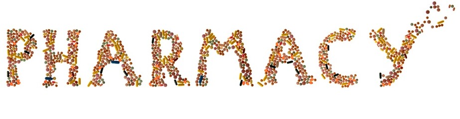 Hand writing signature writing text inspiration Medical help concept of health written with pills and capsules word pharmacy on white background isolated