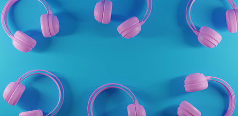 pink music headphones isolated on bright blue background. 3d rendering.