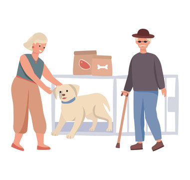 Dog give paw to kid and man concept and vector illustration on white background. Father and son, people characters. Animal nursery, help for abandoned pets, cages with dogs. Flat style.