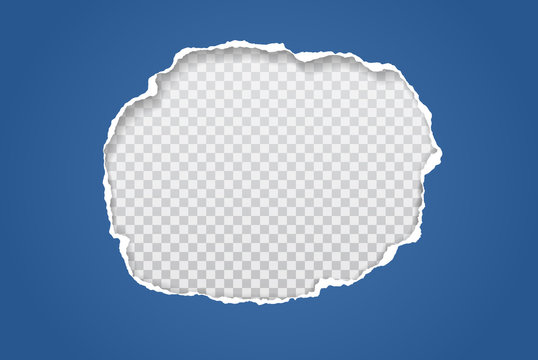 Torn blue paper hole with soft shadow, frame for text is on white squared background. Vector illustration