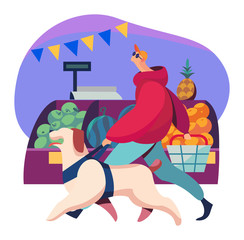 Blind person walking with seeing eye dog on street concept and vector illustration on white background. Assistance in rehabilitation of disabled person. Male with dog helper. Flat style.