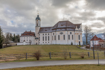 The exterior of the Pilgrimage Church of Wies, Bavaria, Germany, a World Heritage Site