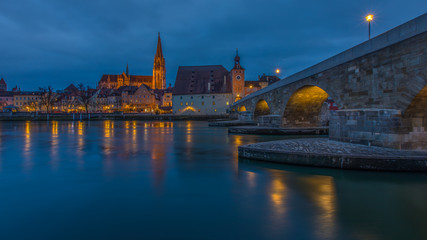 Regensburg, Germany,  as seen from the old stone bridge, a world heritage town.