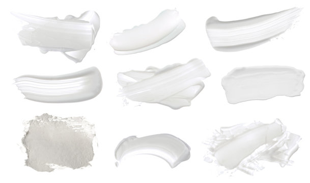 Collection of Abstract acrylic white color smear brush stroke. Isolated on white background.