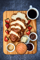Breakfast - sweet bread with coffee, strawberries and jam - obrazy, fototapety, plakaty