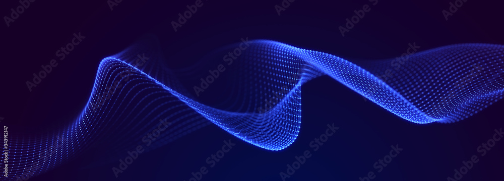 Aufkleber Futuristic wave on dark background. Colored pattern of connection dots and lines. Technology Banner. 3D Widescreen