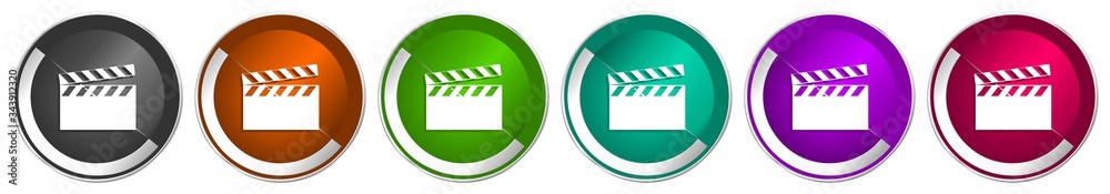 Poster Video icon set, silver metallic chrome border vector web buttons in 6 colors options for webdesign