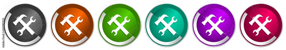 Poster tools icon set, service silver metallic chrome border vector web buttons in 6 colors options for web