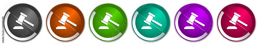 Poster auction icon set, silver metallic chrome border vector web buttons in 6 colors options for webdesign