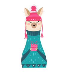 Fashionable llama character in pyjamas, glasses, camp concept and vector illustration on white background. Beautiful and playful herbivore animal, cheerful llama with big ear. Flat style.