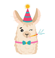 Fashionable llama character in pyjamas, glasses, camp concept and vector illustration on white background. Beautiful and playful herbivore animal, cheerful llama with big ear. Flat style. © Seahorsevector