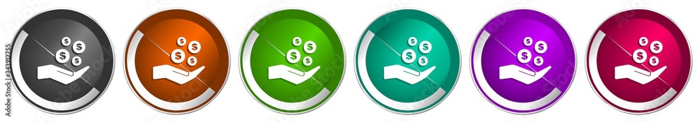 Aufkleber money, cash icon set, silver metallic chrome border vector web buttons in 6 colors options for webde