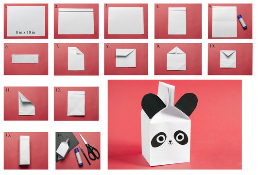 Step-by-step photo instructions on how to make a box for storing little things in the form of a cute panda. DIY concept. Children's creativity.