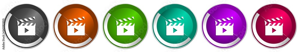 Poster Video icon set, silver metallic chrome border vector web buttons in 6 colors options for webdesign