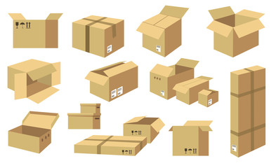 Cardboard boxes flat icon collection. Shipping carton packages, open paper boxes, and post cargo parcels vector illustration set. Delivery and storage concept
