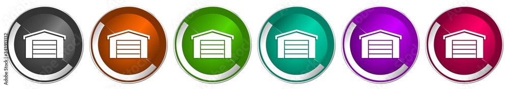 Poster Garage building icon set, silver metallic chrome border vector web buttons in 6 colors options for webdesign