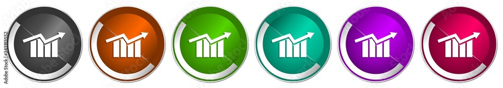 Poster graph icon set, arrow, growth, business silver metallic chrome border vector web buttons in 6 colors